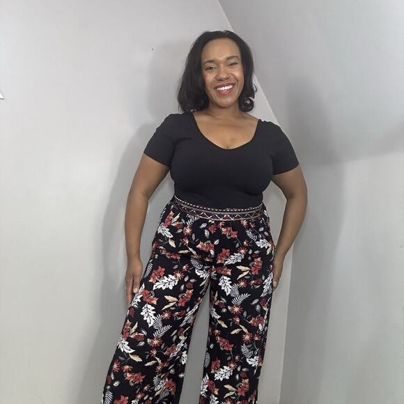 JAASE Boho Festival Floral Wide Leg Palazzo Pants Travel Sequins Hippie Resort - Picture 1 of 12